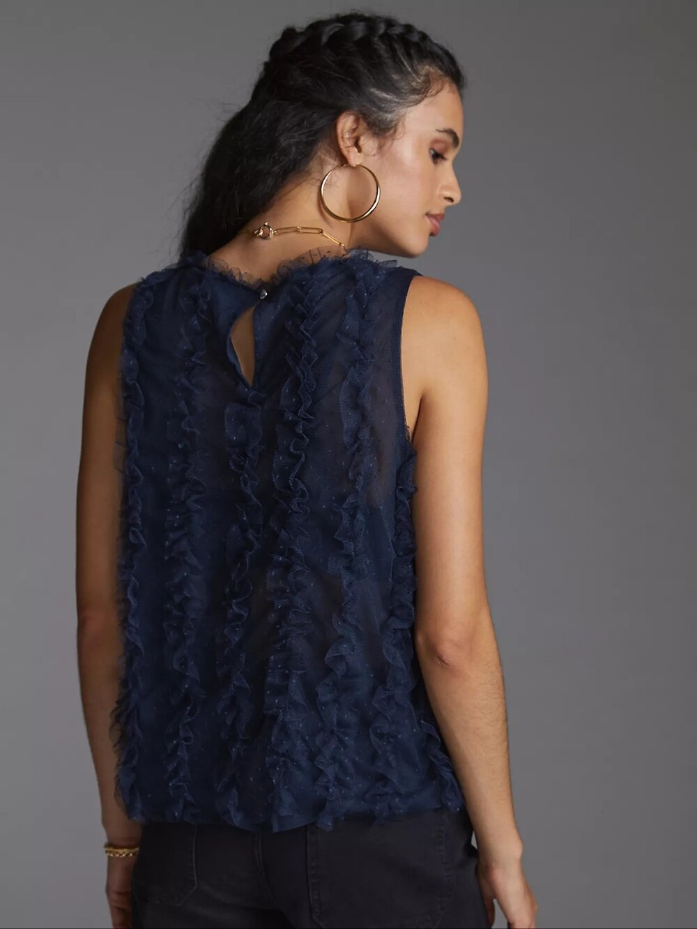 Maeve Anthropologie Ruffled Tulle Tank Navy Swiss Dot Mesh Sleeveless Top M - Picture 2 of 8